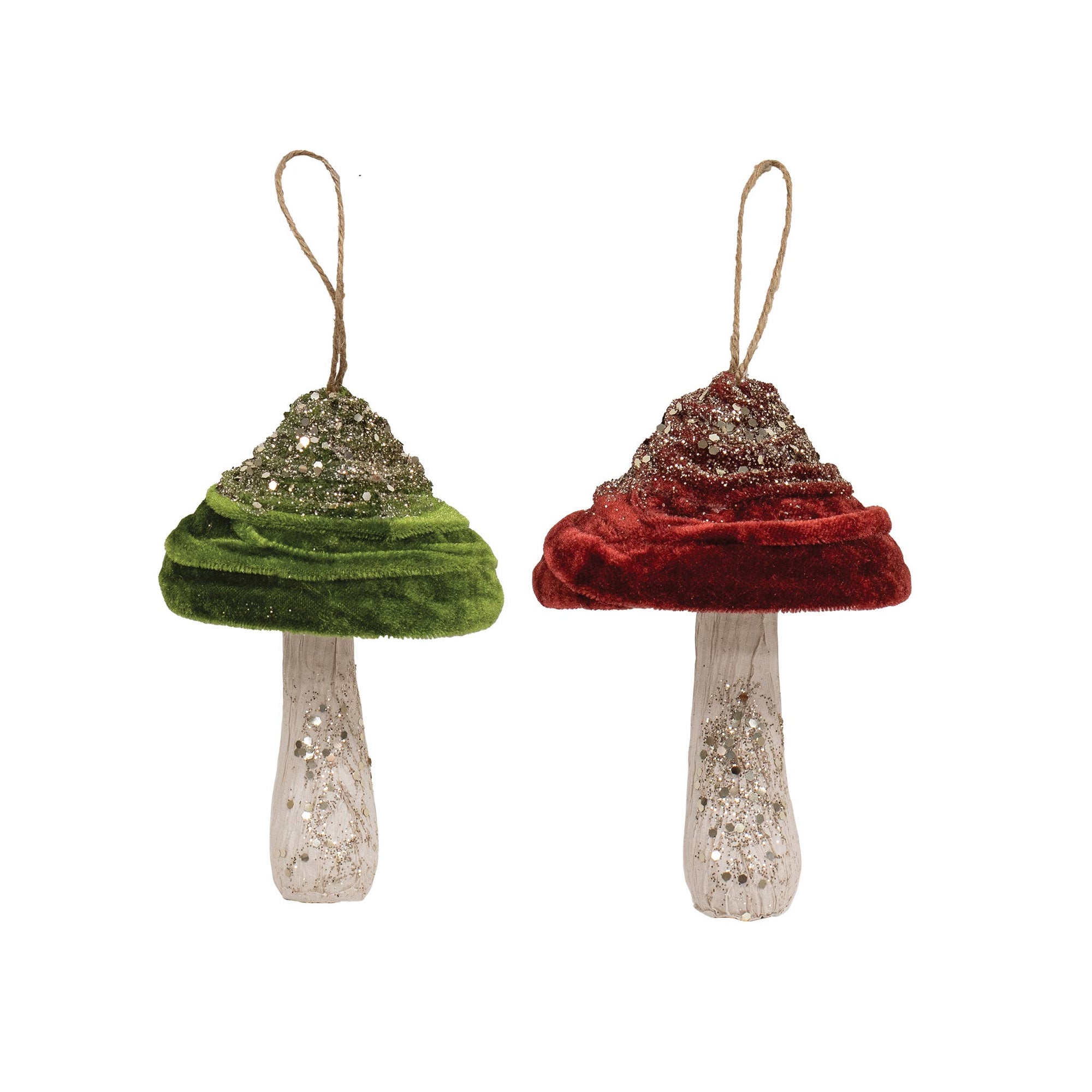 Velvet Glittered Mushroom Ornament 5.5", 2 Asstd.
