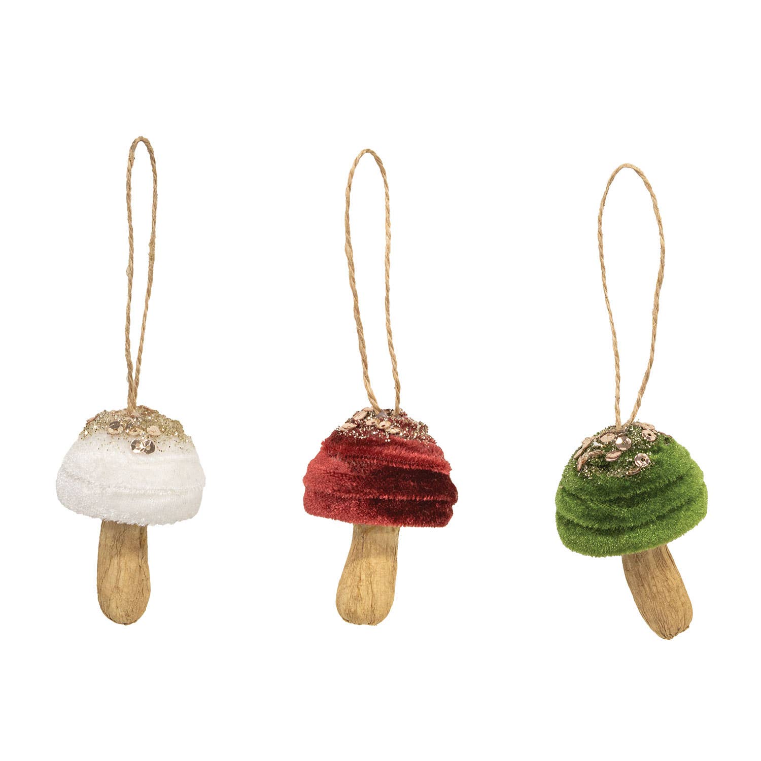 Velvet Glittered Mushroom Ornament 3 Assorted